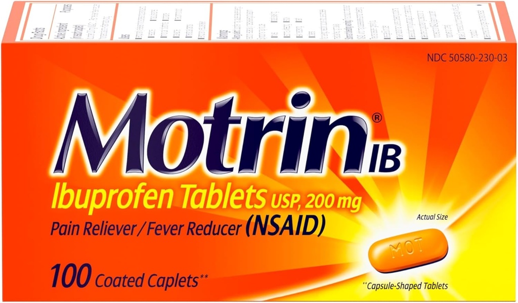 Motrin IB, Ibuprofen 200mg Tabletten, Pain Reliever & Fever Reducer für Muskelerfolge, Kopfschmerzen, Rückenschmerzen, Menstrual Cramps & Minor Arthritis Pain, NSAID, 100 Ct