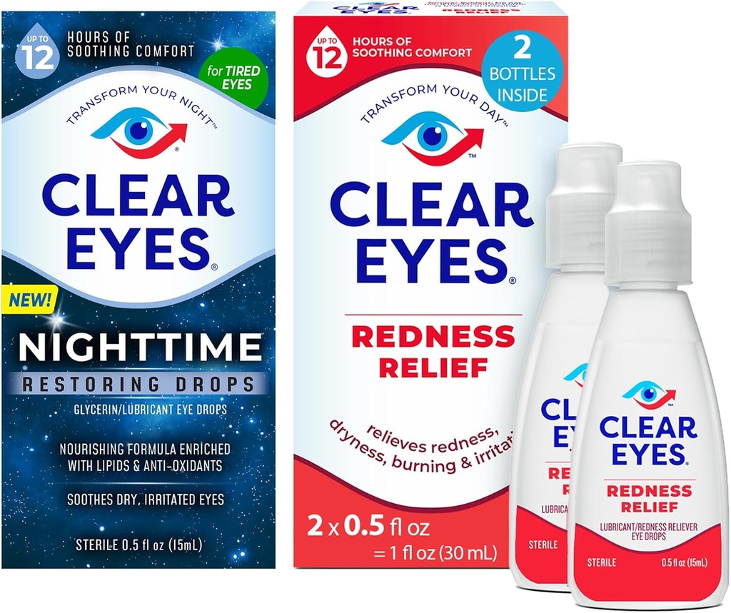 Bundle of Clear Eyes Nighttime Restauring Eyes Drop, Nighttime Relief Dry Eye Drop, 0.5 Fl Oz + Clear Eye Redness Relief Eye Drop, 0.5 oz, Dual Pack