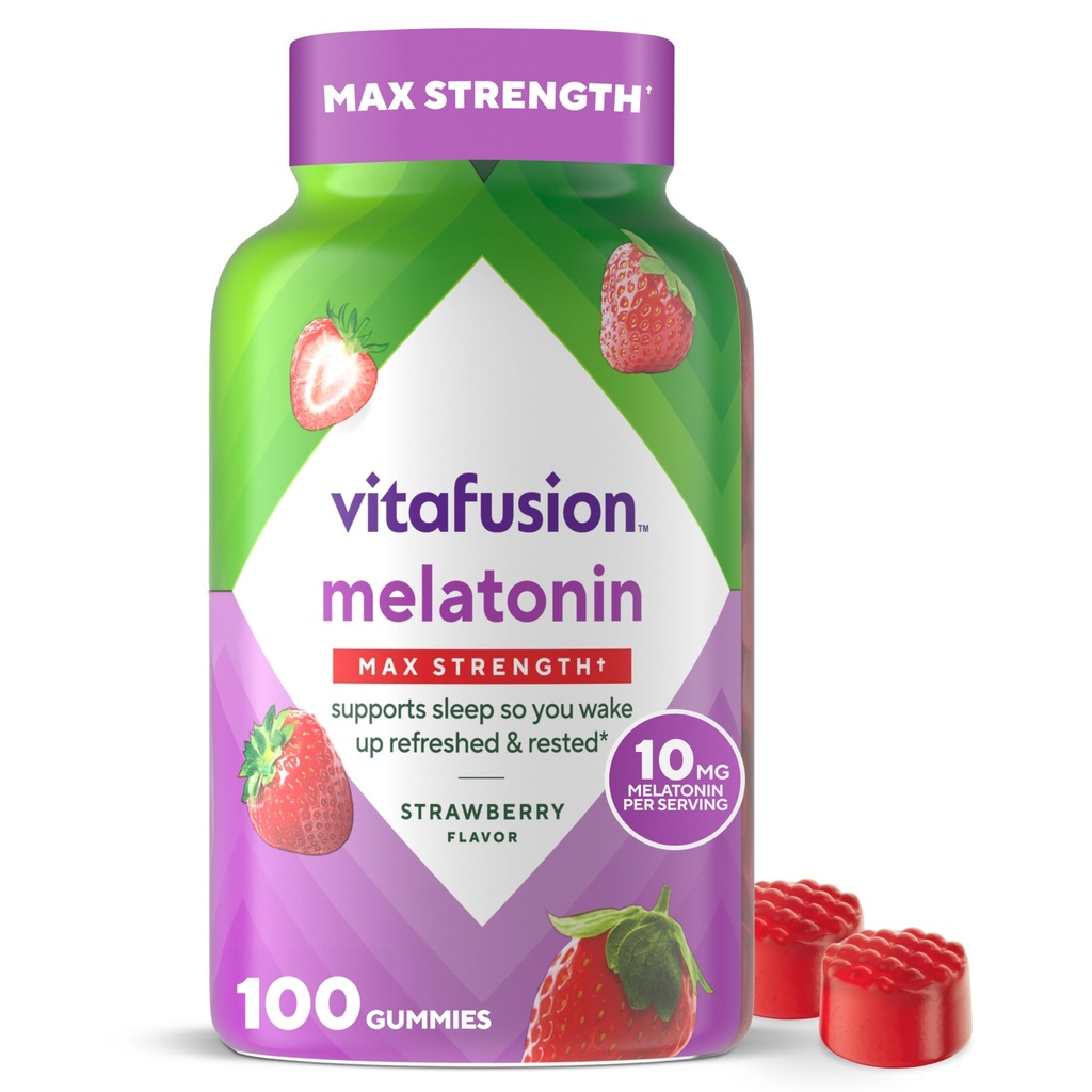 Vitafusion Max Strength 10 mg Melatonin Gummies, Erdbeer aromatisiert, Adult Melatonin Gummy Vitamin Supplement, 100 Count, 50 Day Supply