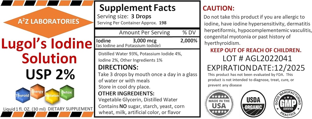 A2Z Organic Lugol's Iodine und Kalium Iodide 2% Lösung 3000 mcg - Flüssige Ergänzung Tropfen für Schilddrüsenunterstützung für Frauen und Männer, Stoffwechsel Gesundheit, Detox Boost -1 Fl Oz/Made in USA/Same Day Ship