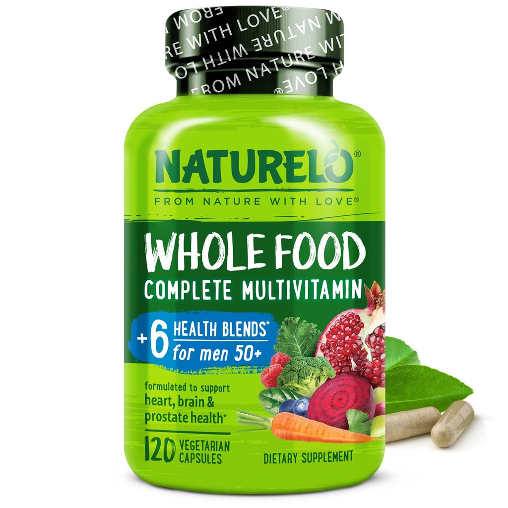 NATURELO Ganzes Lebensmittel Multivitamin für Herren 50+ - mit Vitaminen, Mineralstoffen, Bio Kräuterextrakten - Vegan Vegetarier - für Energie, Gehirn, Herz und Augengesundheit - 120 Kapseln