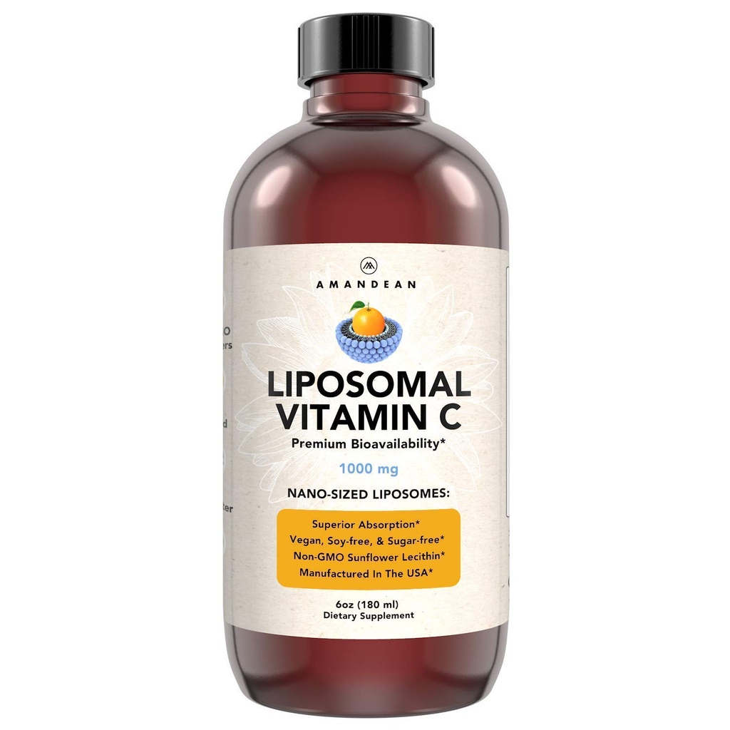 AMANDEAN Liposomales Vitamin C 1000mg. Flüssiges VIT C Supplement. Immununterstützung, Hautgesundheit, Kollagenproduktion. Schnelle absorbierende Antioxidans Lieferung. Quali-C, Soy-Free, Vegan, Non-GMO.