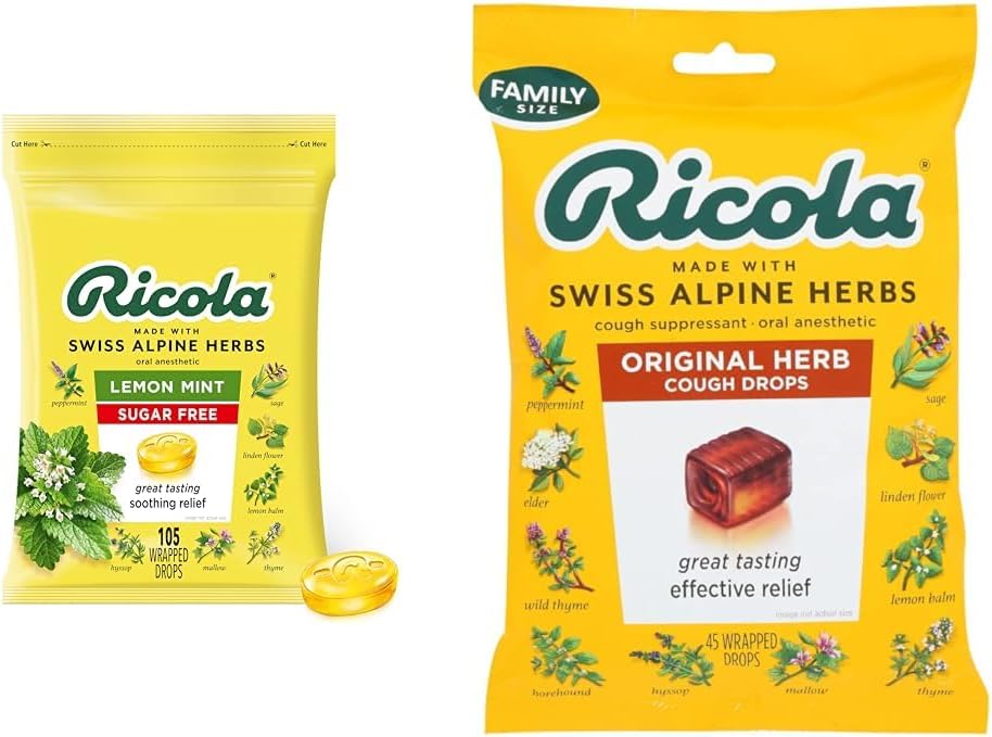 Ricola Sugar Free Lemon Mint Kräuter Cough Suppressant Throat Drops, 105ct Bag & Original Natürliche Kräuter Cough Suppressant Throat Drops, 45 Tropfen, Kämpfe Husten Natürlich