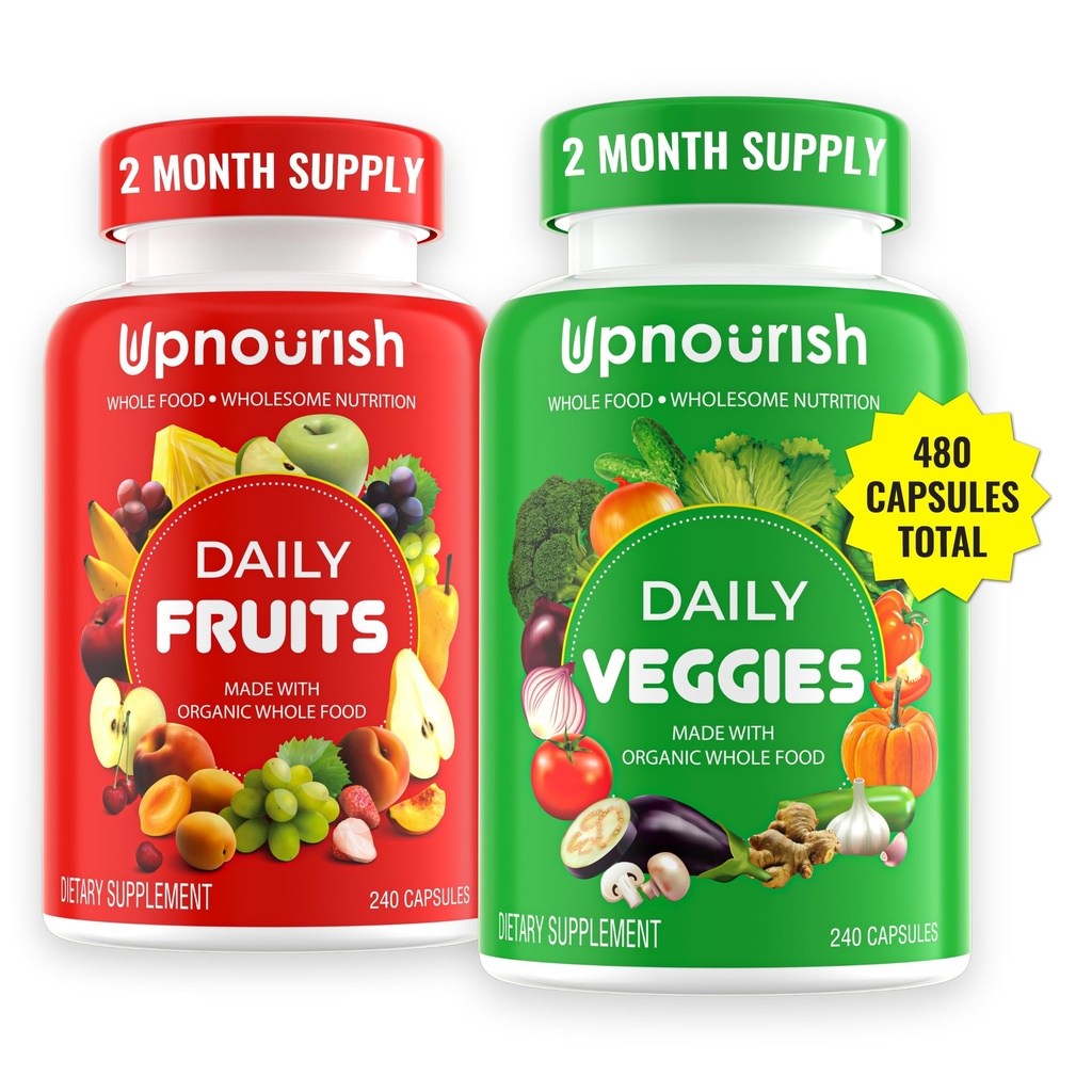 UpNourish Bio-Obst und Gemüse-Ergänzung - Unterstützung Diät-Balance, Körperreinigung & Energie - 480 Früchte und Super Greens Kapseln aus der Natur - Obst und Gemüse Ergänzungen für Erwachsene & Kinder