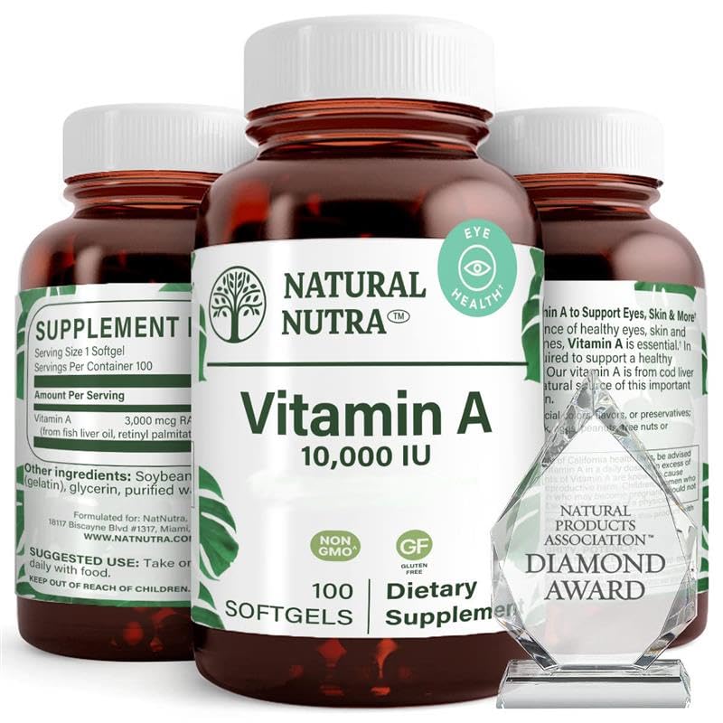 Natural Nutra Vitamin A 10 000 NE Softgels - High Potency Eye and Skin Vitamins - Gluten- Free - Sight & Skin Health - Halmájolaj férfiaknak és nőknek, Gluten Free 250 Softgels (2 csomag)