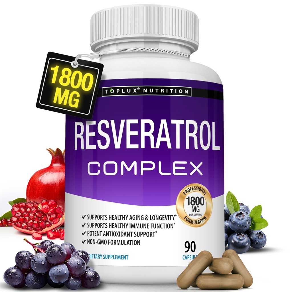Resveratrol Ergänzung 1800 mg Antioxidant Complex - hochwirksame natürliche Trans-Resveratrol Pillen für gesundes Altern, allgemeine Gesundheitsunterstützung, Immunsystem, Gehirnfunktion, für Männer Frauen, 90 Kapseln