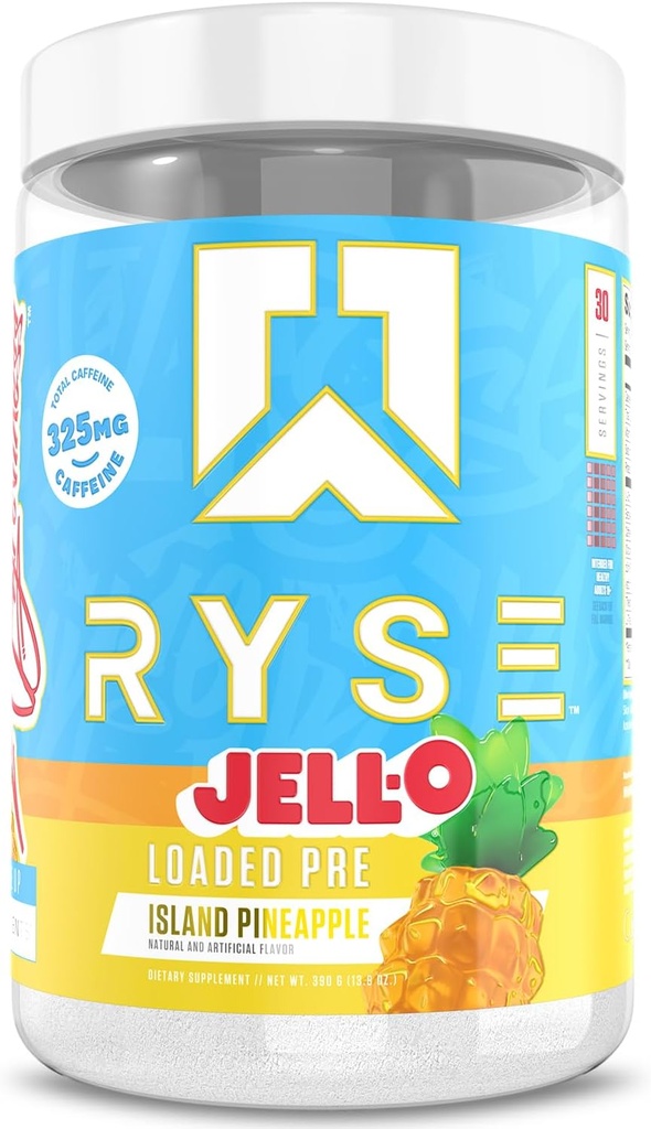 RYSE Loaded Pre Workout Powder - Jell-O Island Ananas - Daily Pre-Workout für Männer und Frauen mit 325mg Koffein, Alanine und Citrulline für Pumpe, Fokus und Energie - 30 Servierungen