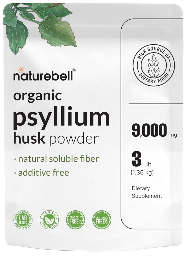 NatureBell Psyllium Husk Fiber Supplement, 9.000mg pro Servieren, 3lb (48oz) Pulver | Organische lösliche Faser für Verdauungs- und Gutgesundheit | Pflanzenbasiert, entflammt, Non-GMO, Glutenfrei