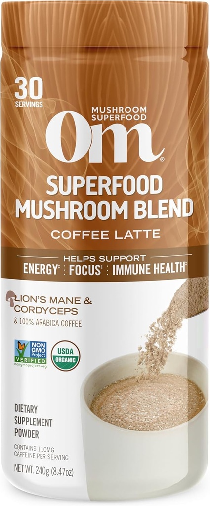 OM MUSHROOM SUPERFOOD Kaffee Latte Mischung Pilzpulver, 8.47 Unze Kanister, 30 Servierungen, Lion's Mane, Cordyceps, Reishi, Chaga, Energy & Mental Clarity Support Supplement