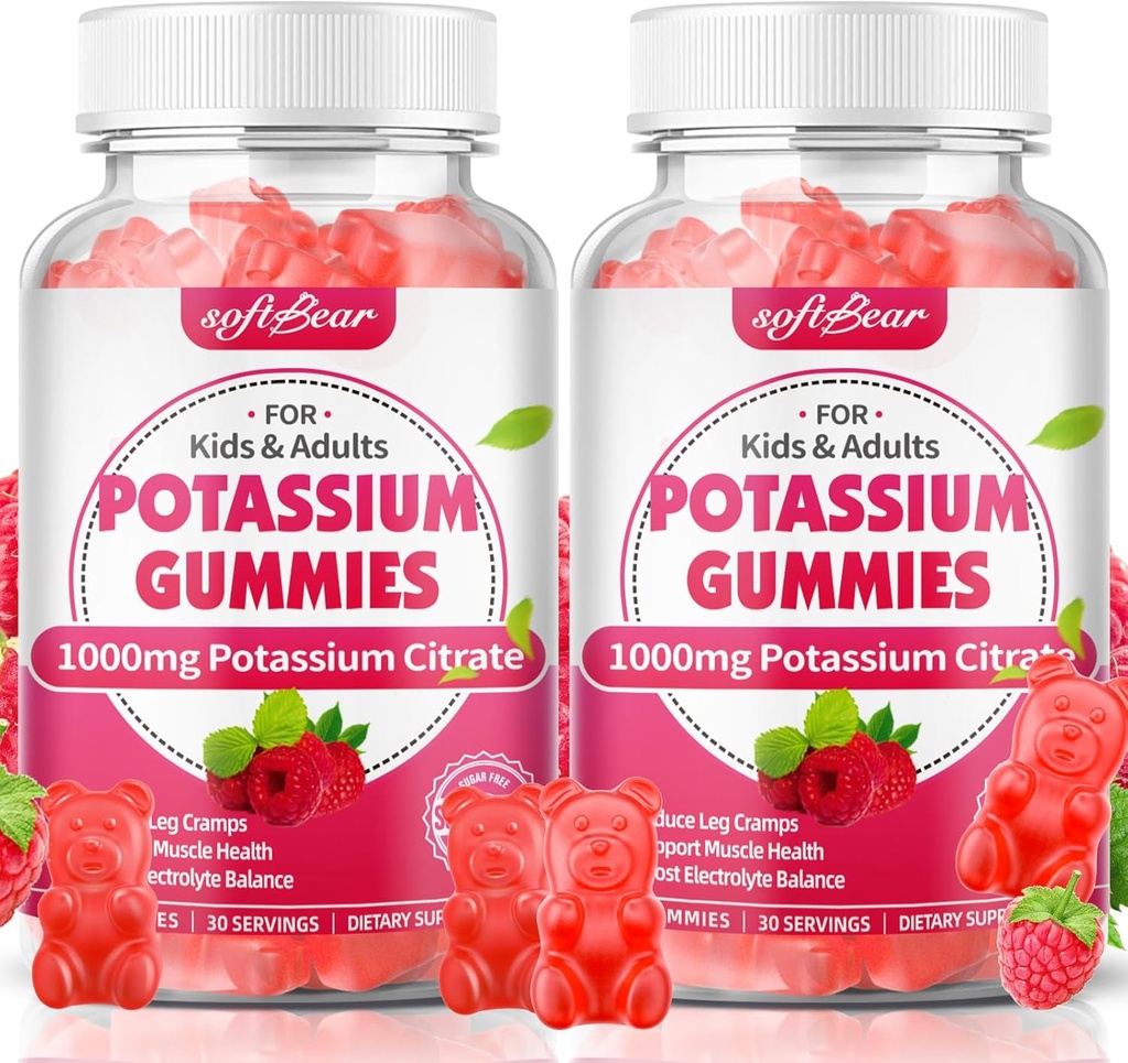 Softbear Potassium Citrate 1000mg Gummis – Hohe Absorption Kalium-Gummi-Gummi-Gummi-Gummi für Muskelunterstützung & Elektrolyt Balance – Kalium-Ergänzung für Frauen & Erwachsene, Vegan, Raspberry Flavor (120 Count)