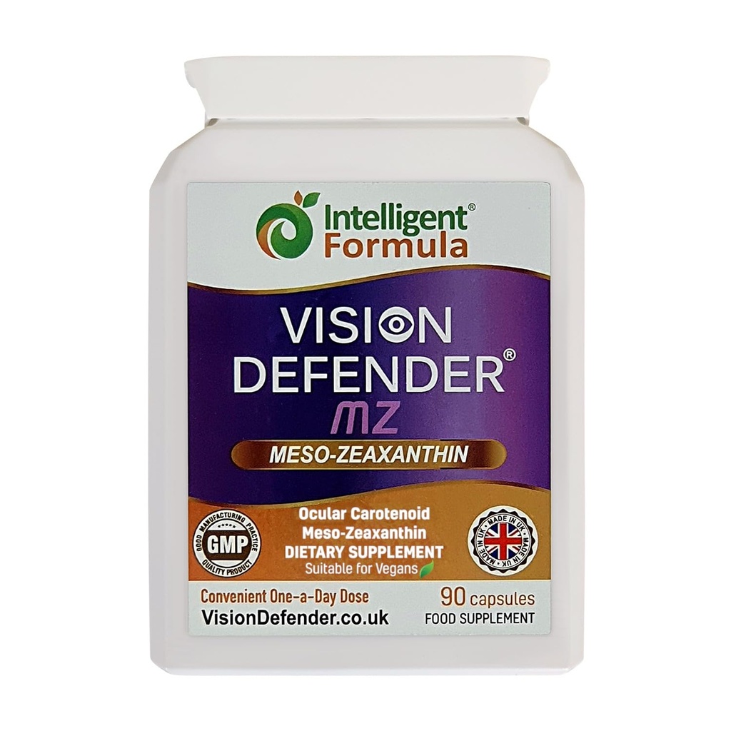 Vision Defender Meso Zeaxanthin Vegan Augenergänzung MZ- Schützen und verbessern Ocular Health & Eye Care, High Strength Antioxidant Carotenoid Meso-Zeaxanthin für Augen (90 Kapseln/Ein täglich) Made in UK