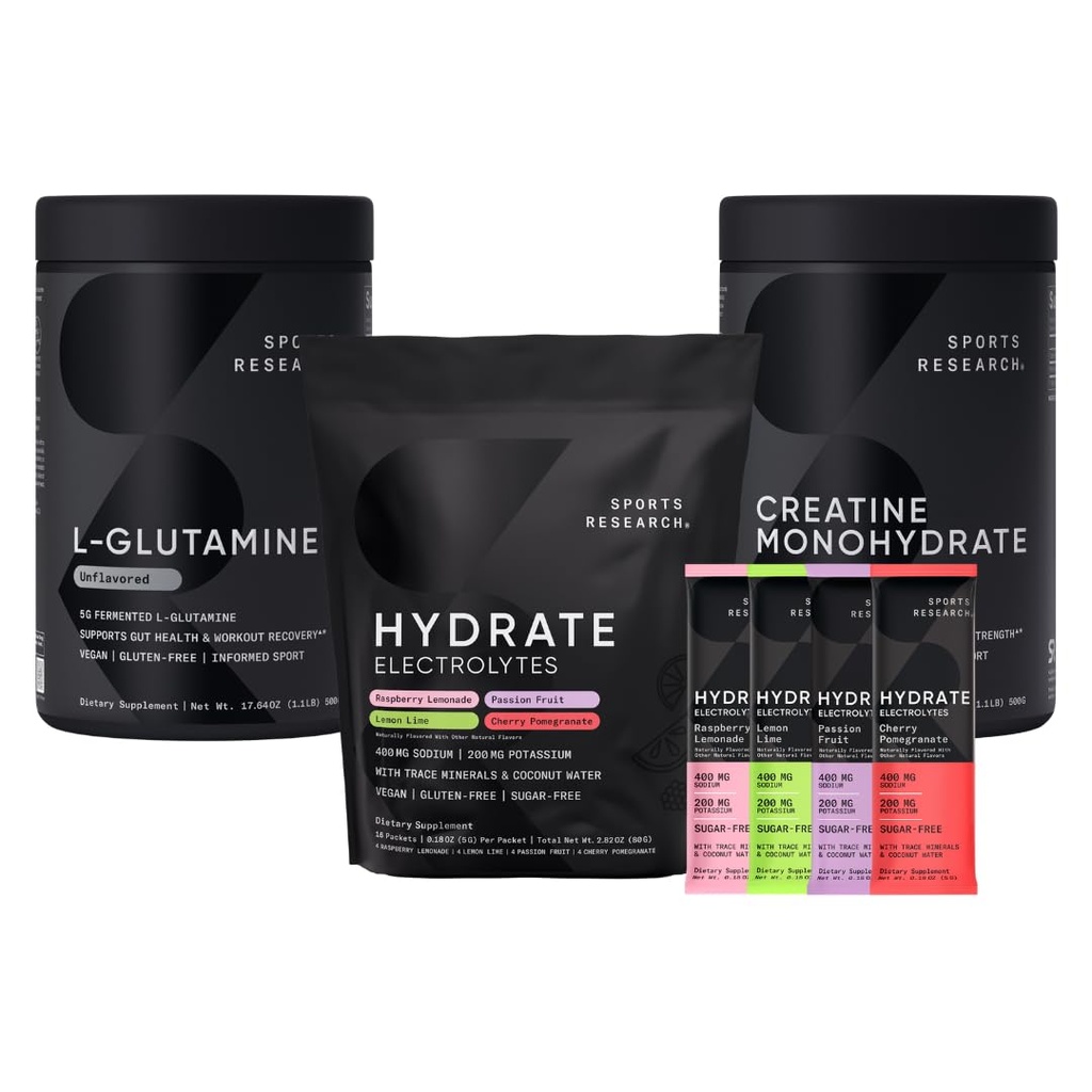 Sport Research L- Glutamin (1,1 font), Cukormentes természetes ízesítésű hidratált elektrolitok 16x Variety Packets and Creatine Monohidrát (1,1 font)