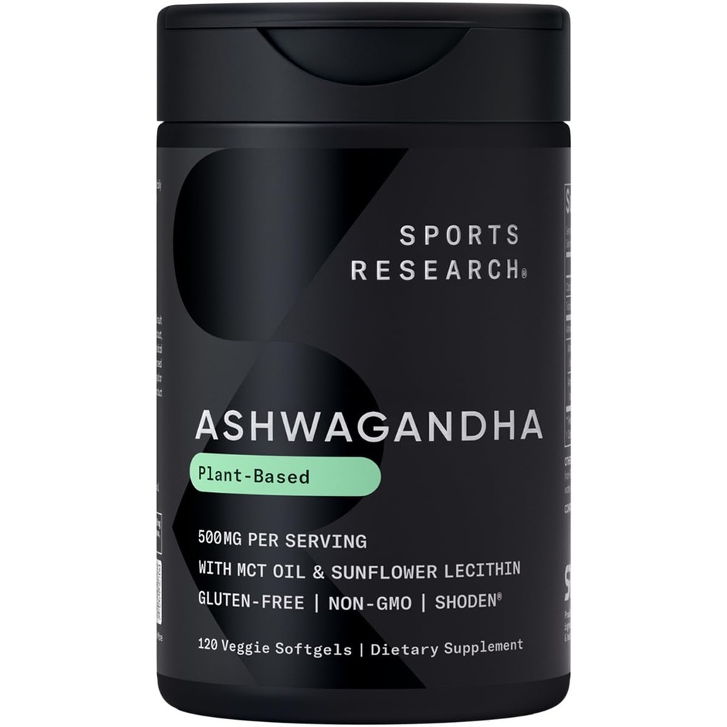 Sports Research® Ashwagandha Softgels mit Kokosnuss-MCT-Öl - Natürliches Ayurvedic Adaptogen Made with Shoden® Ashwa for Relaxation, Calm & Sleep Support - Gluten Free & Vegan Friendly - 120 Count