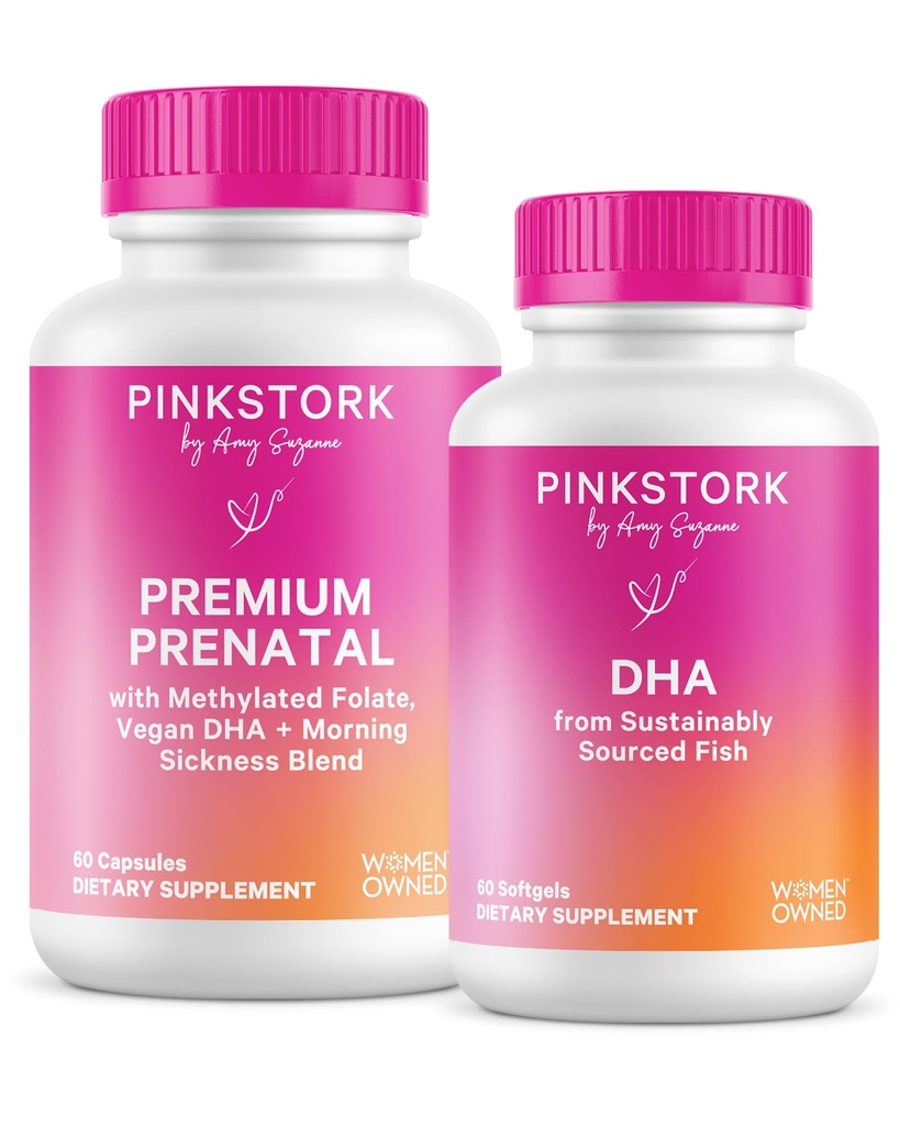 Pink Stork Premium Prenatal Duo: Premium Prenatal Vitamin + DHA, Prenatal Probiotics for Women, Omega 3 + Fish Oil, Prenatal Vitamin with DHA and Folic Acid, Women-Owned