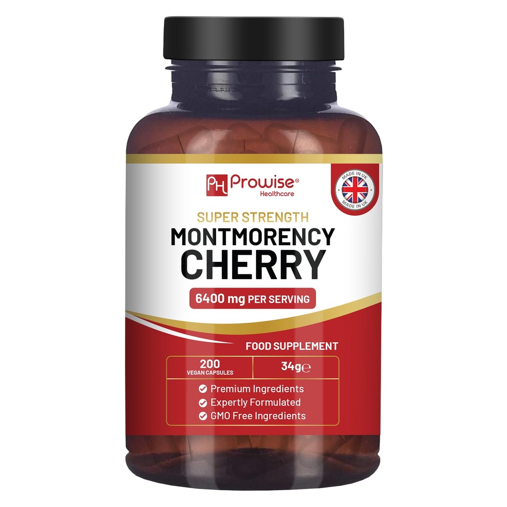 Montmorency Cherry 6400mg - 200 Tart Cherry Capsules - Natürliche Tart Cherry Extrakt Ergänzung für Männer und Frauen - Super Strength, Gluten Free, Vegan und GMO Free - Made in UK by Prowise