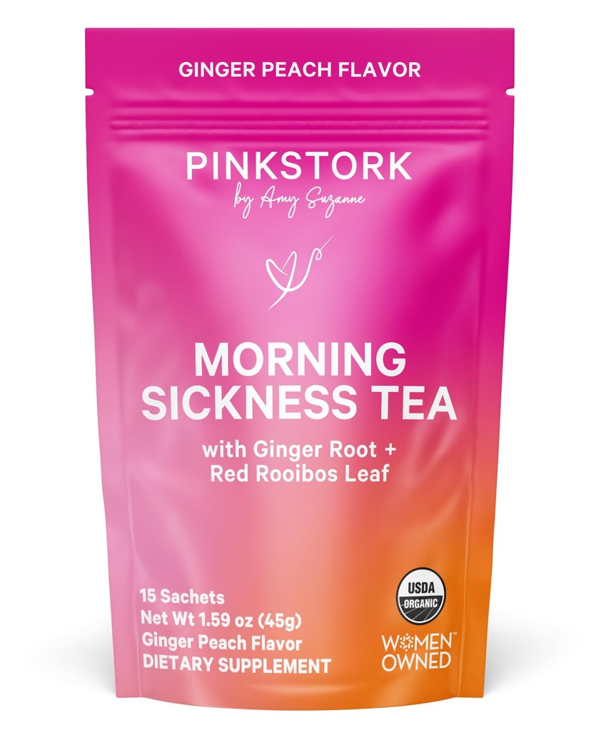 Pink Stork Organic Morning Sickness Pregnancy Tea - Hot or Iced Tea - Prenatal Heartburn, Indigestion, and Constipation Support - 1. Trimester Pregnancy Must Haves - Ginger Peach, 15 Sachets