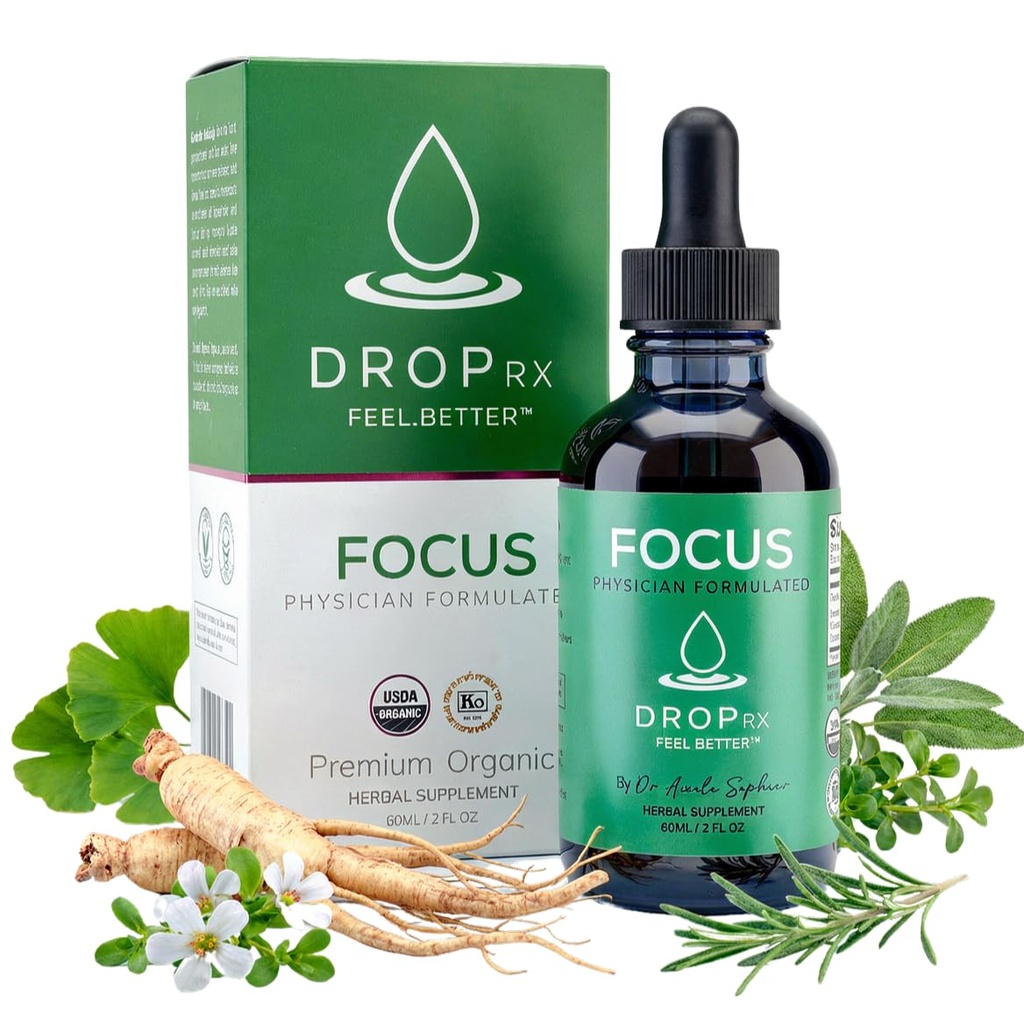 DropRx Focus von Dr. Nicole Saphier – Ginkgo Biloba & Ginseng, Bacopa, Rosemary & Sage für Gedächtnisverbesserung und Gehirnfokus – Bio, Non-GMO, Vegan, Gluten-Free, Kosher, Made in USA (2 Fl Oz)