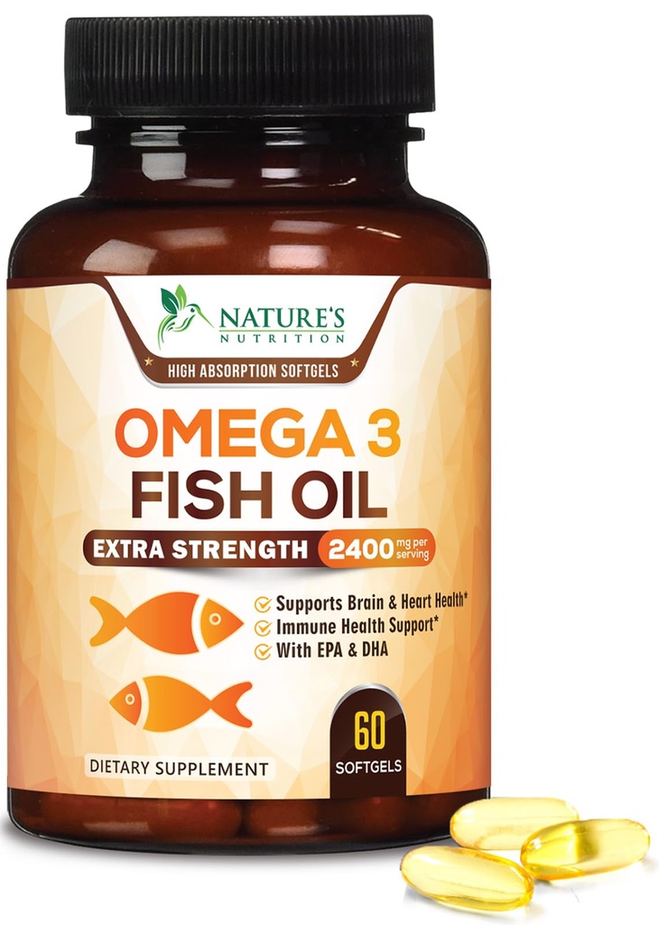 Omega 3 Fish Oil 2400 mg – Triple Strength EPA & DHA Fettsäuren für Herz, Gehirn & Gelenkunterstützung – Wild-Caught, Burpless, Lemon Flavor Supplement – Natural, Non-GMO, Gluten-Free – 60 Softgels