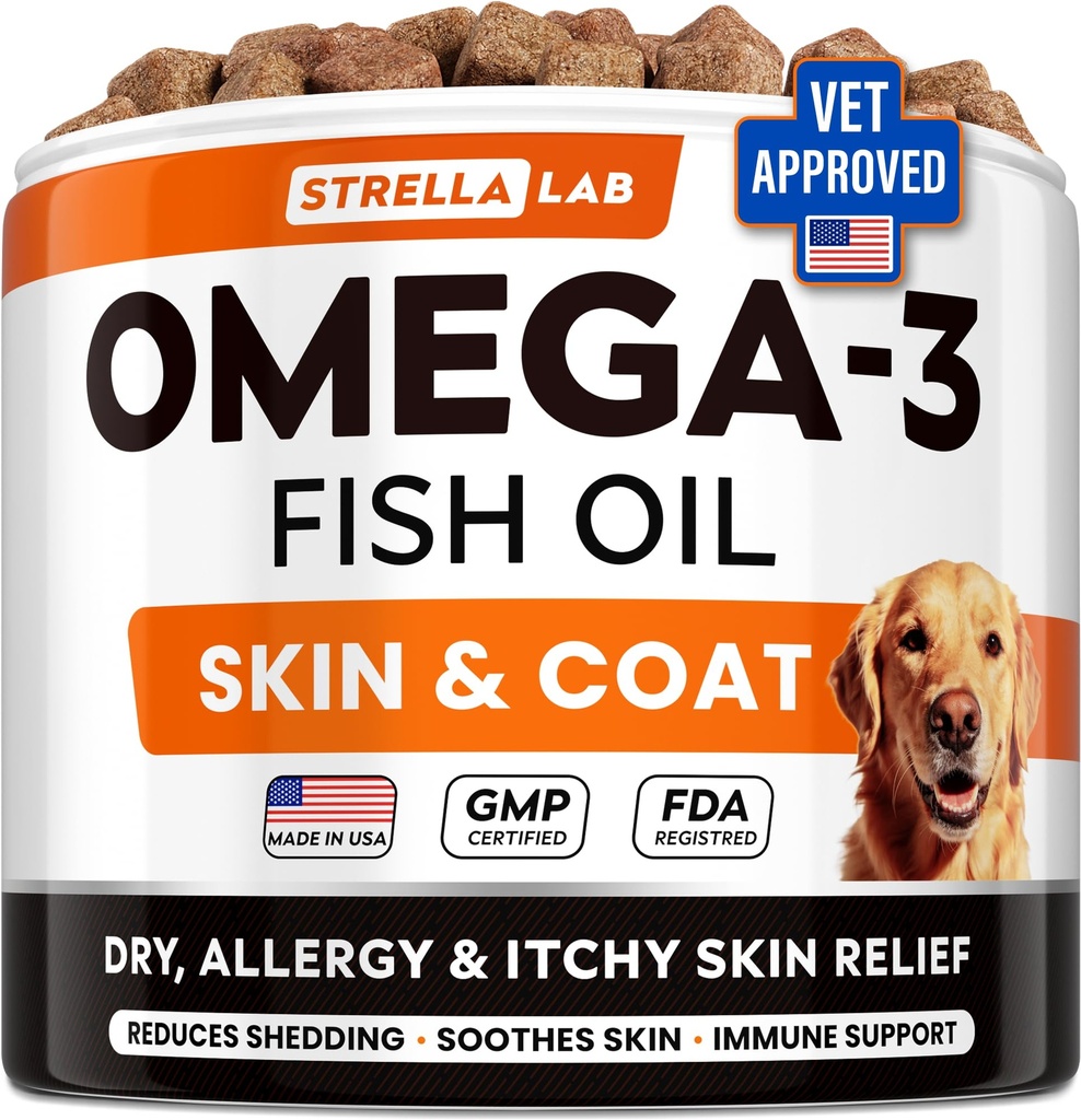 StrellaLab Omega 3 für Hunde - (180Ct) Fish Oil Treats - Allergy & Itch Relief Skin & Coat Supplement - Dry Itchy Skin, Anti Shedding & Hot Spots Behandlung - Pet Salmon Oil Chews - Huhn Flavor