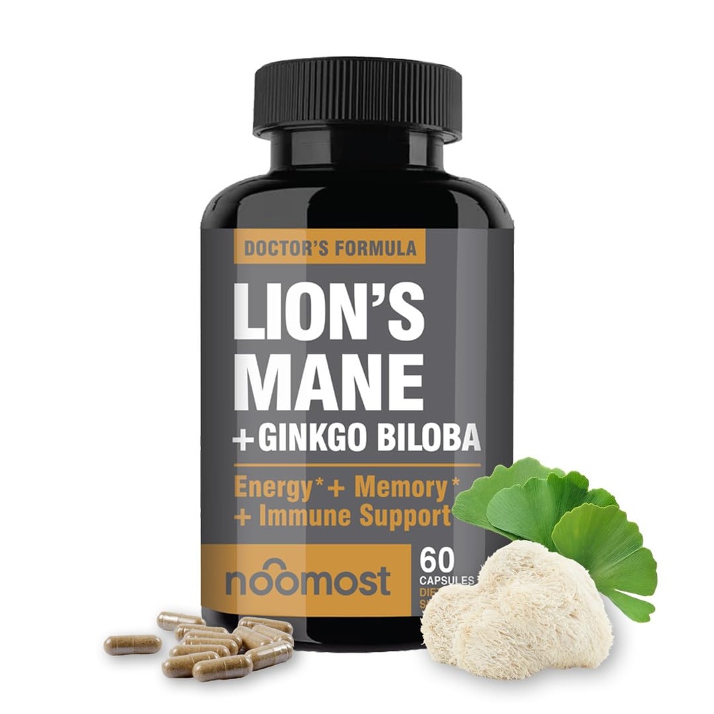 NooMost Lions Mane Supplement Bio Kapseln - mit Ginkgo Biloba - Kognitive Gesundheit, Fokus &amp; Gedächtnis Unterstützung - Natürliche Superfood für Gehirn, Energie & Immune Gesundheit - 60 Kapseln - 2 Monate Versorgung