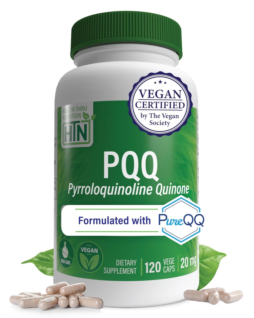 Gesundheit Thru Nutrition PQQ 20mg 120 Serviers Pyrroloquinolin Quinone als PureQQ | Fördert Mitochondriale Biogenesis | Certified Vegan | Non-GMO Gluten Soy freie Kapseln| Clean Label PQQ Ergänzung