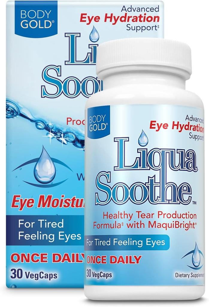 Body Gold Liqua Soothe Eye Health Supplement, Gesunde Tear Production Formel für trockene, müde Gefühl Augen, w/MaquiBright, Vitamin A, Lutein und Hyaluronsäure, 60 Tage Garantie, 30 Serv, 30 VegCaps