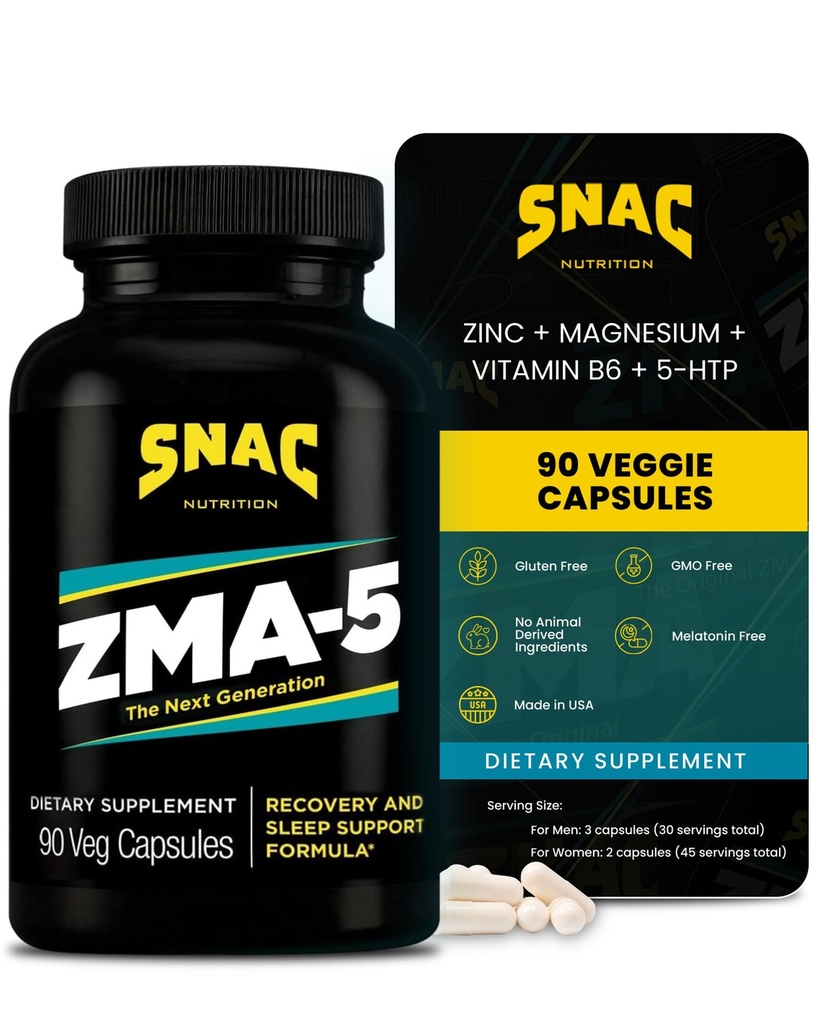 SNAC ZMA-5 Schlafhilfe-Ergänzung, Förderung von Muskelrückgewinnung & Wachstum, Immununterstützung, & Restaurative Schlaf mit Zink, Magnesium & 5-HTP, Post Workout, Vor Bett ZMA ergänzt 90 Veggie Kapseln