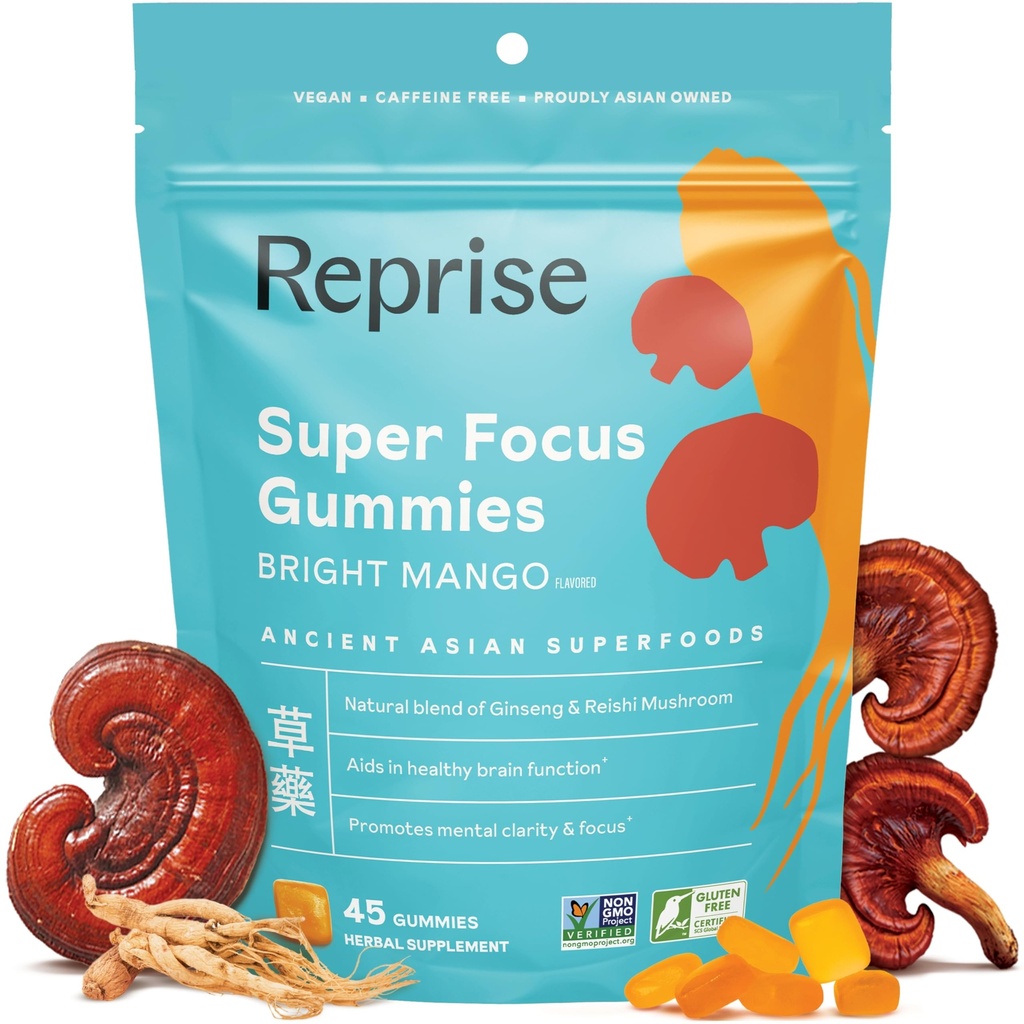 Fokus Gummis für Erwachsene | American & Korean Ginseng mit Reishi Pilzextrakten | Alle natürlichen Gummis für Fokus, Stimmung und Energie | Mango Flavored | 45 Count