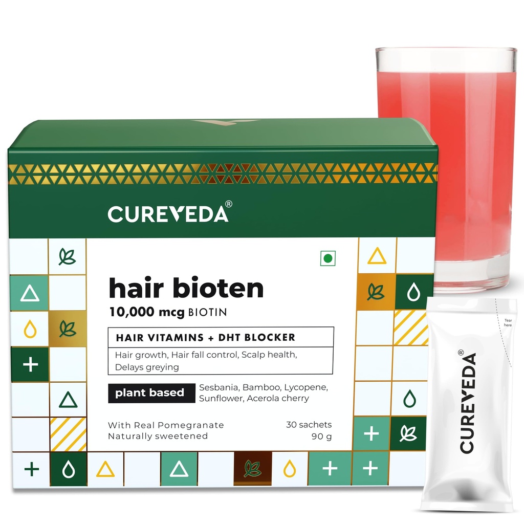 Cureveda Curveda Grow Plant Based Biotin 10000 Mcg Powder Supplement für Unisex, Vorteile Gesunde Kopfhaut und Haarwachstum, kein Hinzugefügt Zucker, Natürliche Granatapfel Aroma 150 g (Pack von 1) Grow-1