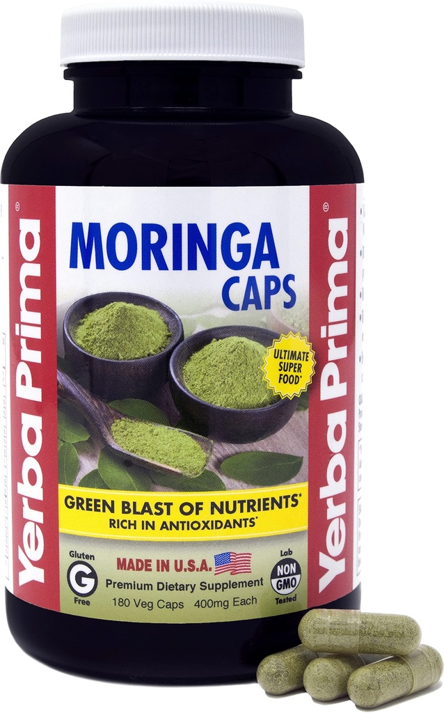 Yerba Prima Moringa, 180 Count Veg Caps - 400mg reines, getrocknetes Blattpulver, grünes Strahlen von Nährstoffen, Reich an Antioxidantien, 100% reines, Super Food, Non-GMO, Vegan Friendly, Gluten-Free, USA Made