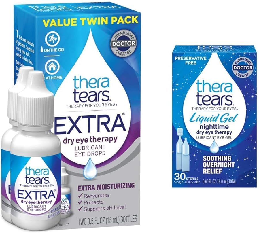 TheraTears extra száraz szem terápia Kenőszer Szemcseppek száraz szem, 0,5 fl oz palack, 2 gróf (csomag 1) és folyékony gél Kenőszer Szemcseppek száraz szem, Single-Use injekciós üvegek, 30 gróf