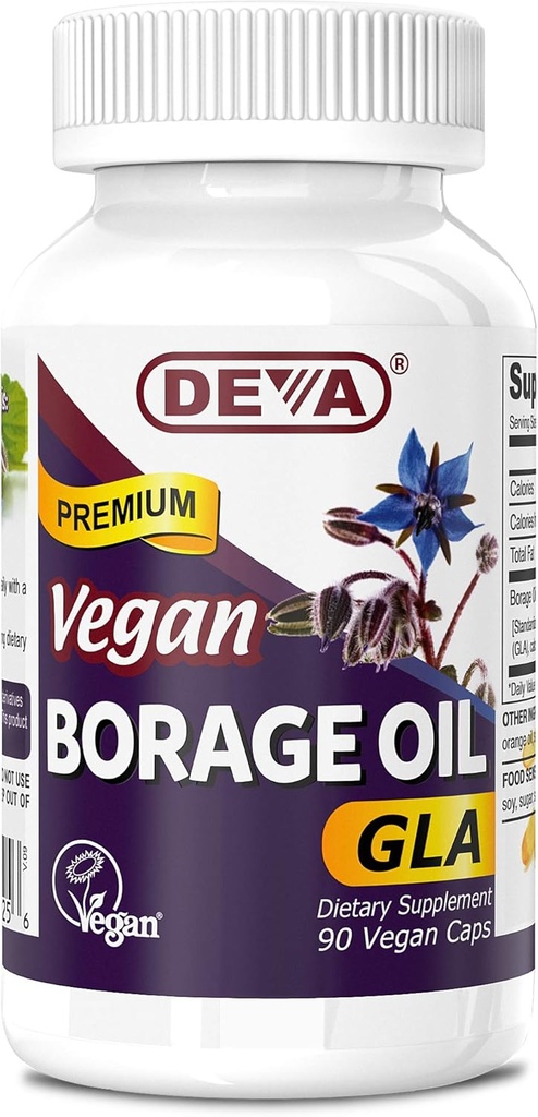 Deva Vegan Vitamins, Borage Oil 500mg, Rich Source of Omega-6 Fatty Acid GLA (Gamma linolén sav), Cold- Pressed & Unfinished, 90 tabletta, 1- Pack
