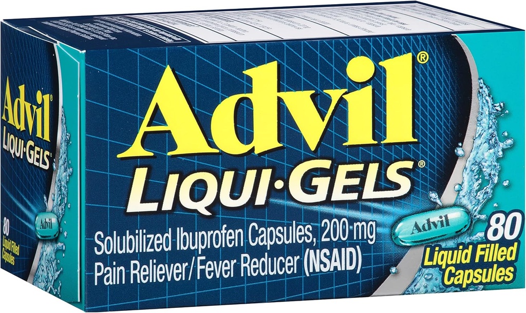 Advil Liqui-Gels Pain Reliever und Fever Reducer, Schmerzmedizin für Erwachsene mit Ibuprofen 200mg für Kopfschmerzen, Rückenschmerzen, Menstruationsschmerzen und Gelenkschmerzen Relief - 80 flüssige gefüllte Kapseln
