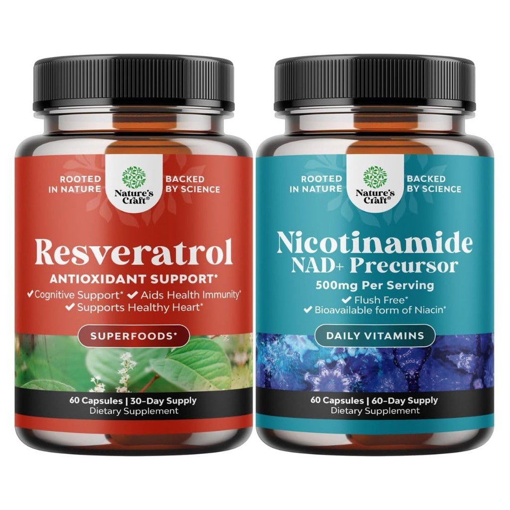 Bundle of Youthful Trans Resveratrol Supplement and Vitamin B3 Nicotinamide 500mg Capsules - With AMPK Activator Brain Booster Immune Support - Mitochondrial Energy and Potent Skin Supplement