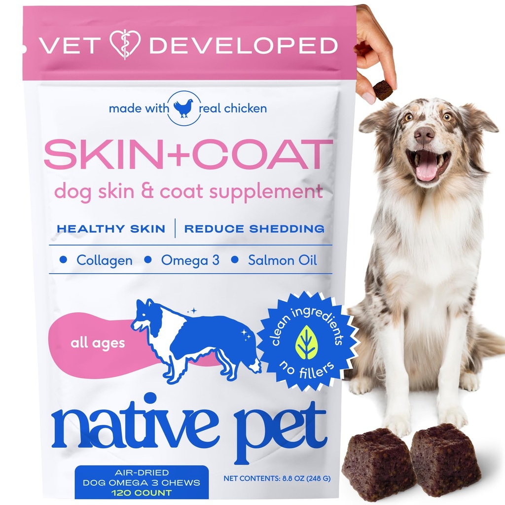 Native Pet Omega Skin and Coat Chews für Hunde - Hunde Skin und Mantel Ergänzung für gesunde, glänzende Pelz, reduzieren Shedding und Dry Spots - Hergestellt mit Omega 3 Fischöl und Wild-Caught Lachsöl - 120 Chews