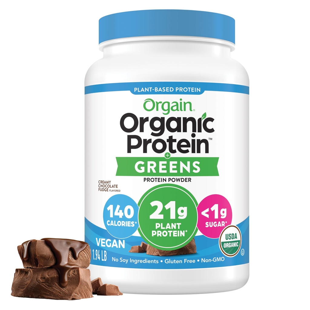 Orgain Organic Vegan Protein Powder + Greens, Creamy Chocolate Fudge - 21g Pflanzen basiertes Protein, Glutenfrei, Dairy & Lactosefrei, Sojafrei, Ohne Zucker Hinzugefügt, Eisen & Prebiotics für Gut Health - 1,94lb