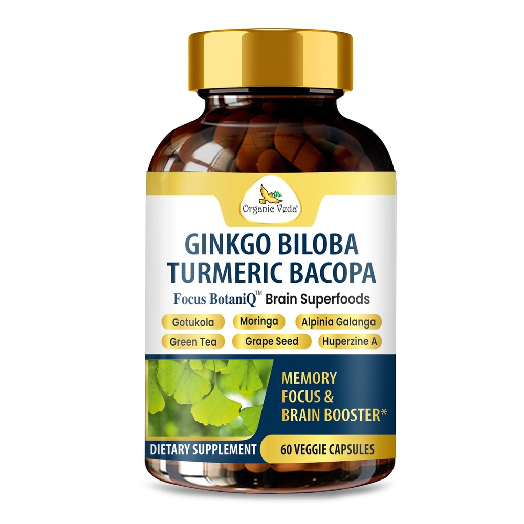 Bio Veda Ginkgo Biloba Turmeric Bacopa Brain Ergänzung für Gedächtnis, Stimmung & Fokus mit Ashwagandha - Konzentration, Energie & Gehirn Booster, Gesunde Gelenke & Zirkulation Unterstützung - 60 Vegan Kapseln