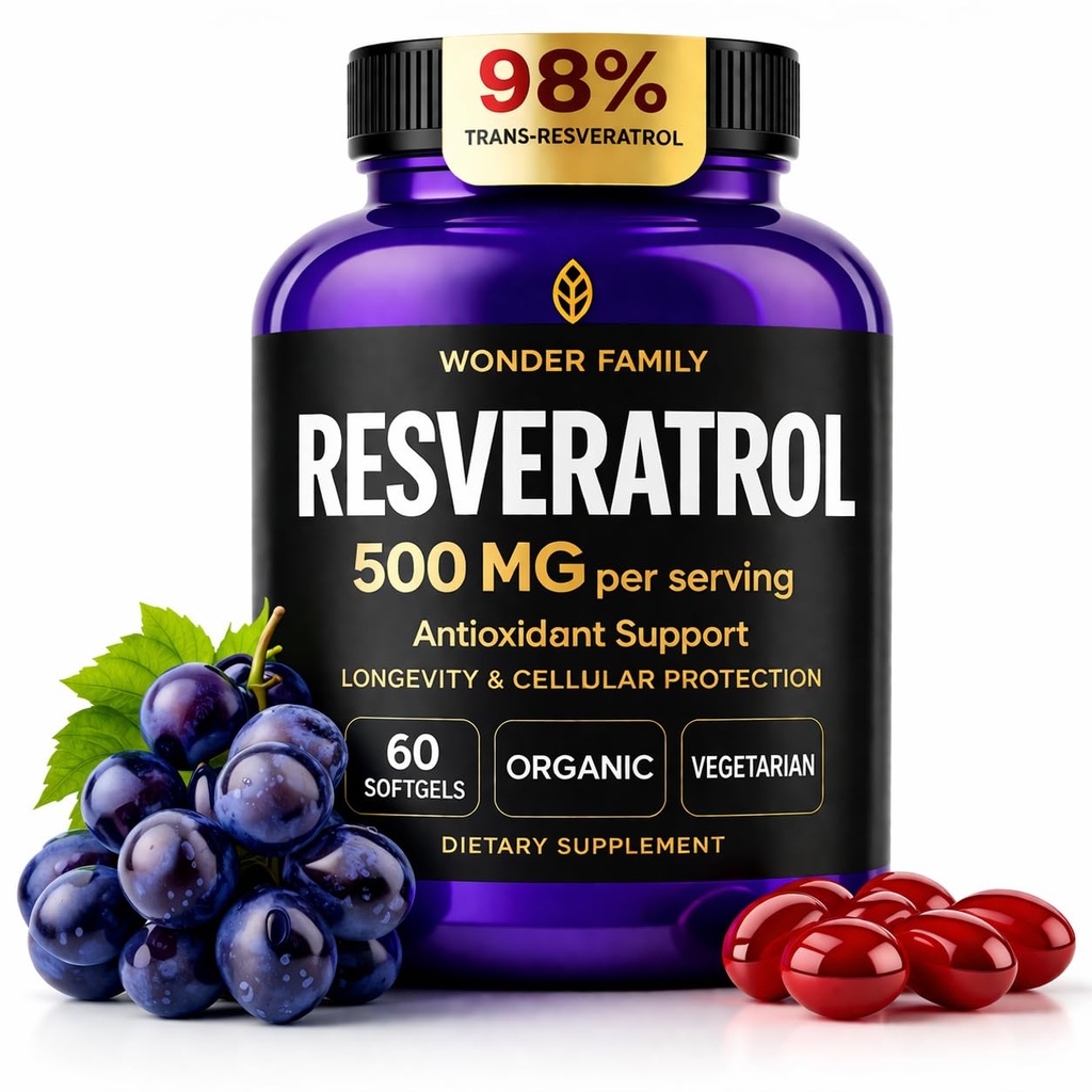 Resveratrol Supplement 500mg – 98% Trans Resveratrol 1000mg Organic Complex – NAD Resveratrol Antioxidantien & Anti-Aging-Ergänzung für Herzgesundheit, Memory Lift, Wellness-Formel, Gesunde Zellunterstützung