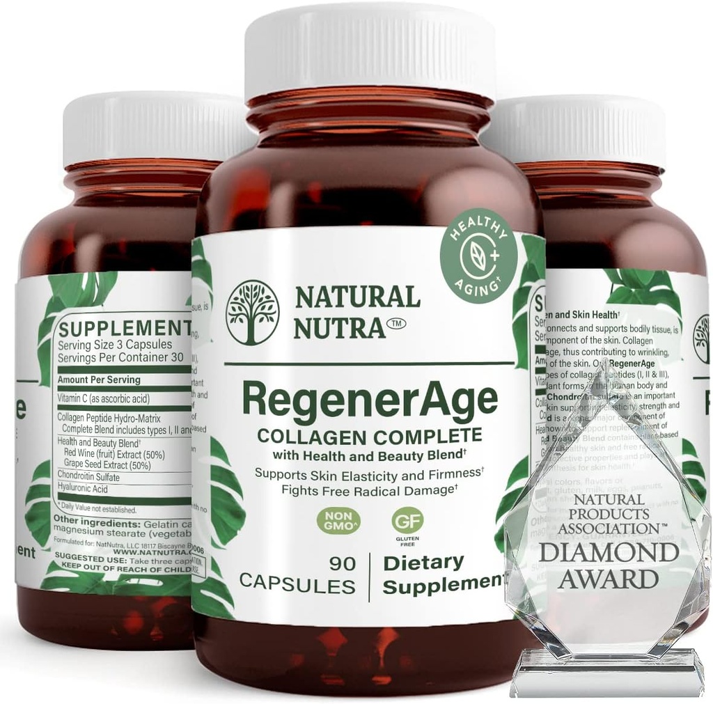 Natürliche Nutra RegenerAge Komplettergänzung für die Hautgesundheit mit Protein Peptiden, Reduzieren Sie Dehnungsmarken, trägt Gesamtgesundheit, Vitamin C, Trauben Seed Red Wine Extract, Gluten Free, 90 Kapseln.
