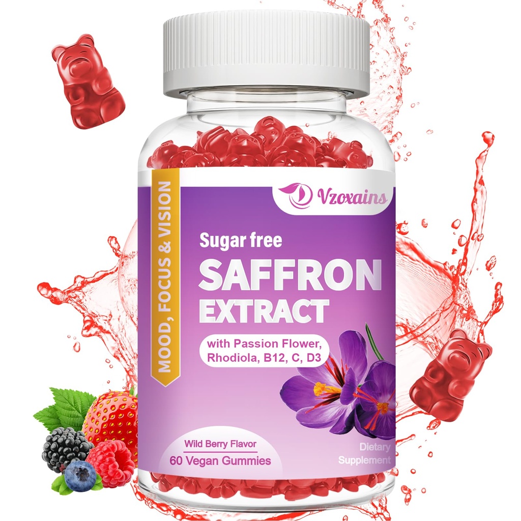 Saffron Gummees, 10 in 1 Saffron kiegészítők Gummees Magnéziummal, Ashwagandha & Rhodiola Rosea, Sugar Free Vegan Mixed Berry Flavor - 60Cts
