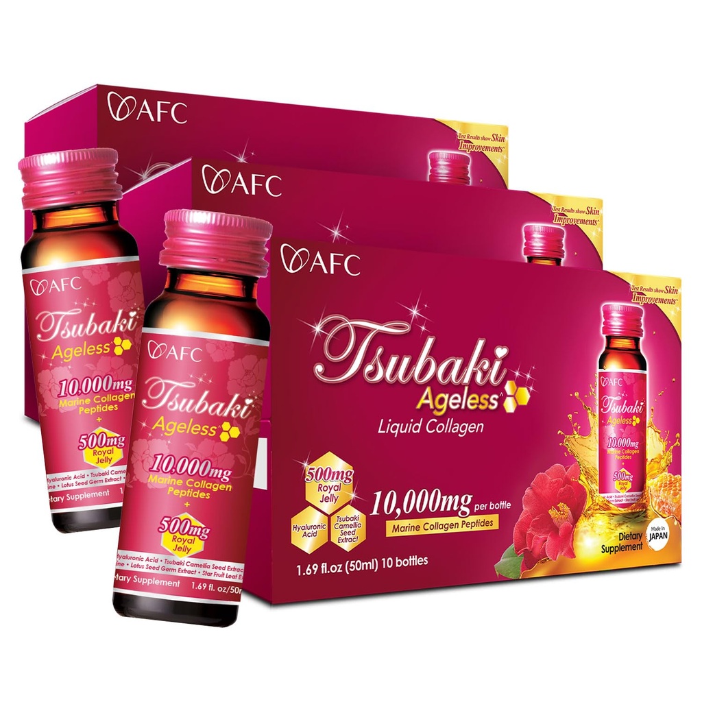 AFC Japan Tsubaki Ageless Beauty Collagen Drink aus Japan mit 10.000mg Marine Collagen Peptide + 500mg Royal Jelly + Hyaluronsäure + Vitamin Bs & C für Hautrevitalisierung 1.69fl.ozx10sx3