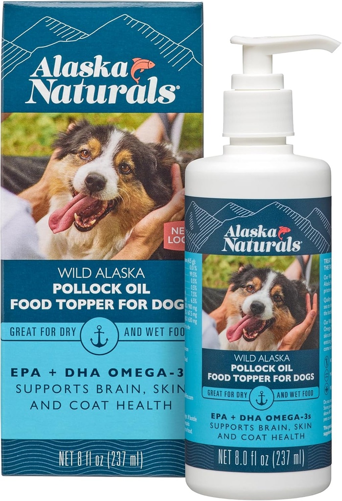 Nachhaltiges Wild Alaskan Fischöl für Hunde Haut und Mantel – EPA + DHA Omega 3 Öl - Fatty Acids Dog Supplements - Unterstützung Fur Coat und Gehirn Gesundheit - Natürliche flüssige Lebensmittel Topper für Haustiere – 8 Unzen. Pumpe