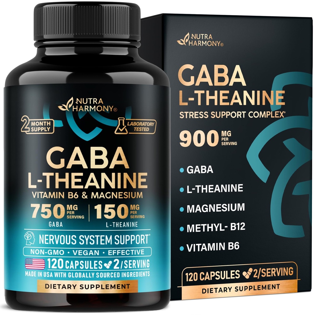 GABA L-Theanin 900 mg - Made in USA - Magnesium | Vitamin B6 - Kalm, Schlaf, Entspannung & Stimmung Unterstützung - 750 mg Gamma AminoButyric Acid, 150 mg L-Theanin - Non-Habit Forming, Vegan - 120 Kapseln
