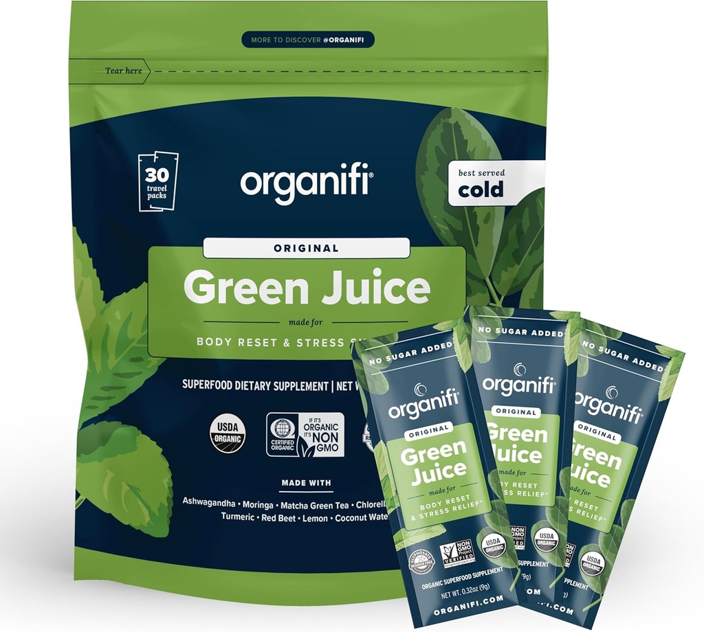 Organifi: GO csomagok - Green Juice - Organic Superfood Supplement Powder - 30 Travel Packs - Organic Vegan Greens - Hidrates és Revitalizes