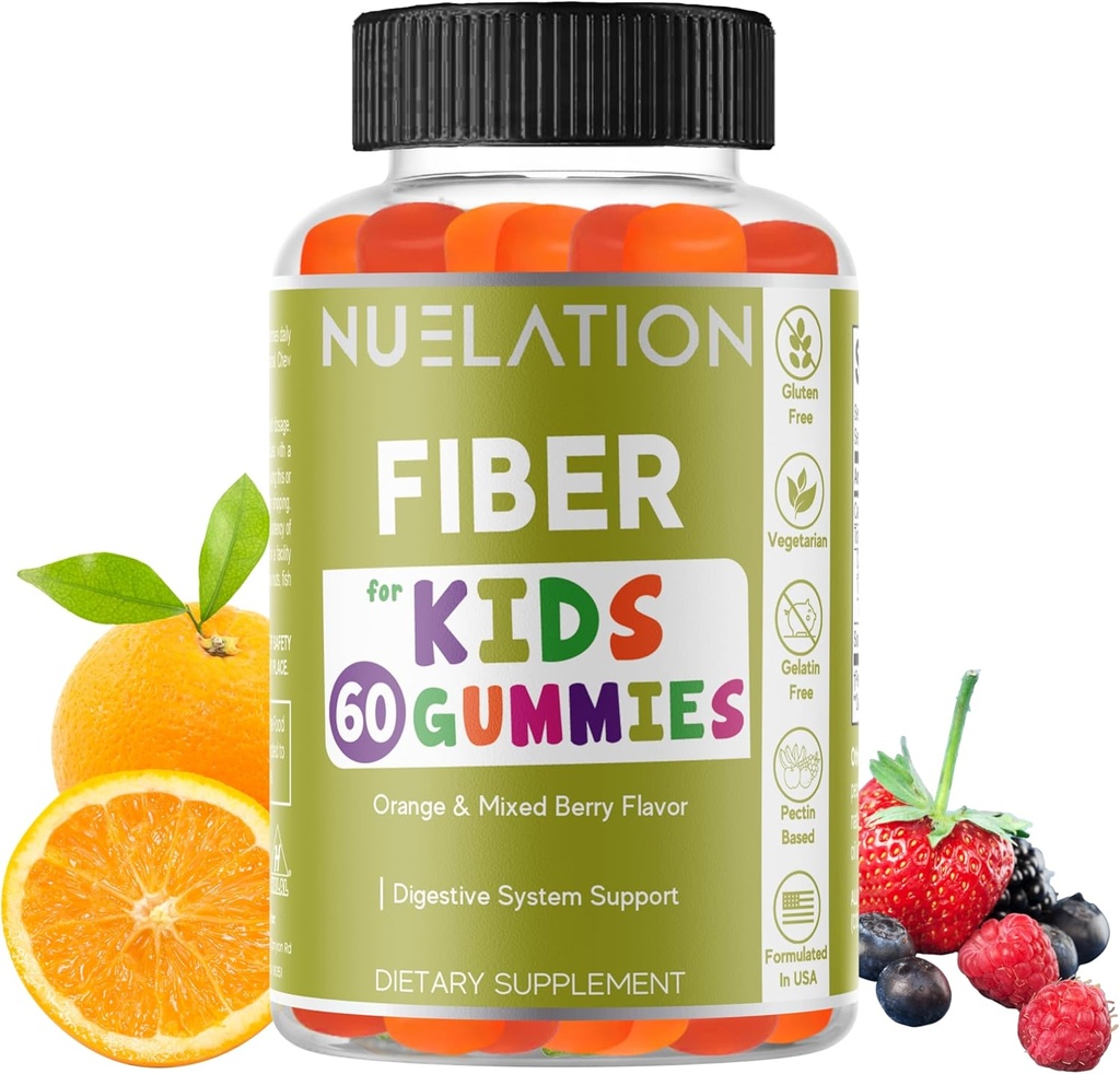 Fiber Gummies für Kinder - 60 Count - Vegetarisch, Glutenfrei, Gelatinefrei, Faserergänzung für Kinder - Prebiotische Faser zur Unterstützung von Verdauung, Bowel Bewegung & Immungesundheit