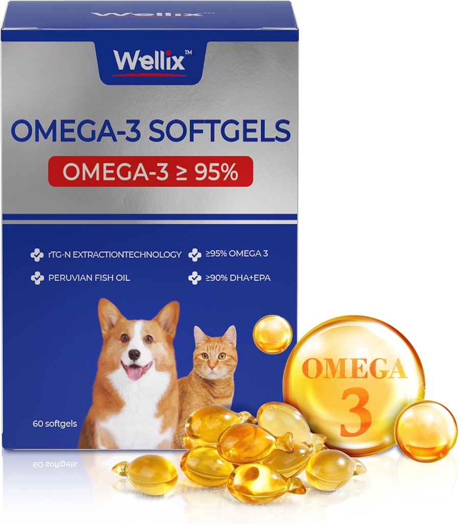 Wellix Pure Omega 3 Fischöl für Hunde & Katzen, Haut und Mantel Ergänzung für Shedding, fördert Herz, Haut, Mantel, Gelenk, & Immune Gesundheit, über 95% Omega 3, Reich an EPA + DHA, 60 Softgels