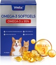 Wellix Pure Omega 3 Fischöl für Hunde & Katzen, Haut und Mantel Ergänzung für Shedding, fördert Herz, Haut, Mantel, Gelenk, & Immune Gesundheit, über 95% Omega 3, Reich an EPA + DHA, 60 Softgels