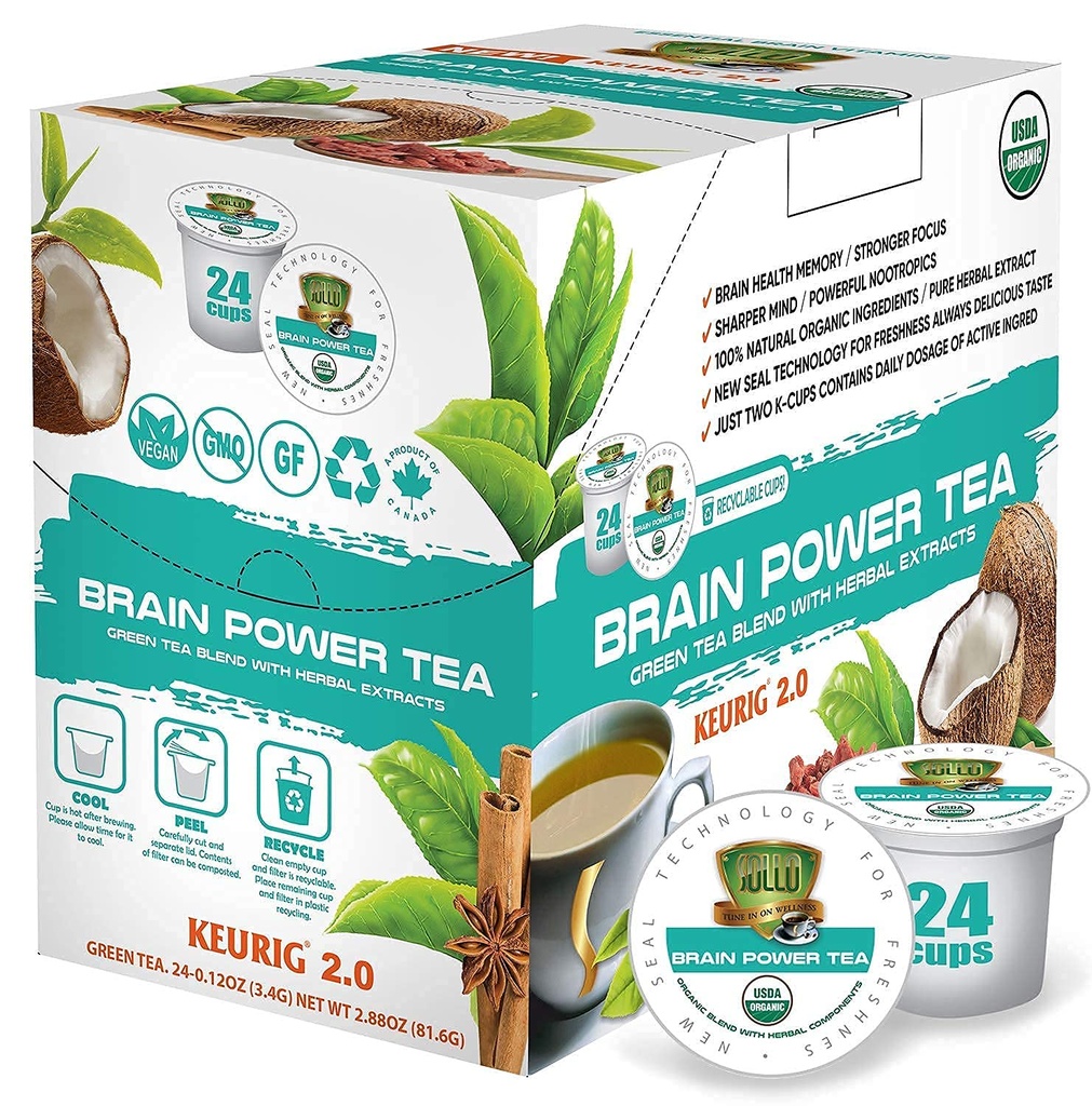 SOLLO Brain Power Organic Green Tea Pods MCT, Acai & Essential táplálkozás, Nootropic Brain Booster - Javítja memória & Fókusz kompatibilis 2.0 K- Cup Keurig Brewers, 24 Ct