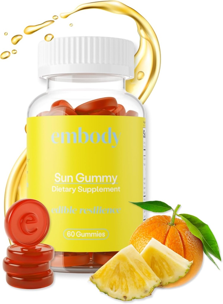 Embody Antioxidant Sun Gummy, Orange Pineapple Flavor, Fern Extract Supplement for Anti-Aging, Dark Spots, Healthy Skin - Promotes Collagen Production, Vitamin C, Selenium (60 Count, Orange Pineapple)