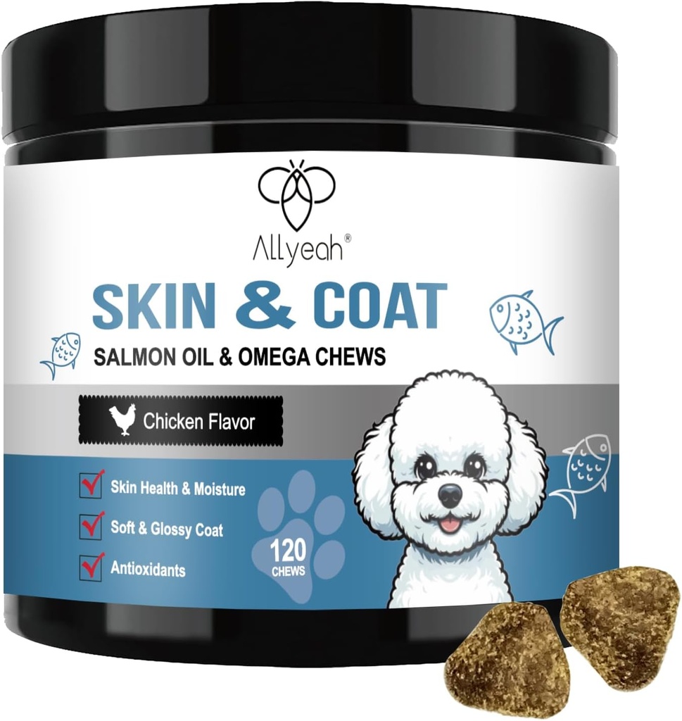 Omega 3 Fischöl für Hunde, Lachsöl Skin und Mantel Ergänzung für Hunde Hunde Hunde Allergy Relief, trockene und juckende Haut Entlastung Behandlung, Allergy Chews - Hund Anti Shedding Treats - Shiny Coats - EPA & DHA